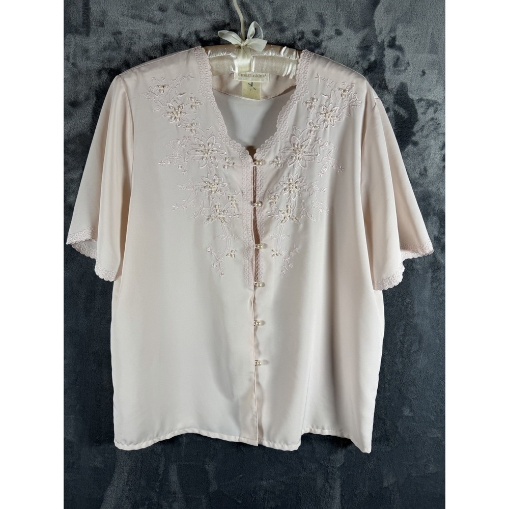 Christie & Jill Sz 16 Pale Peach 🍑 Blouse Floral Embroidery & Pearls 90s